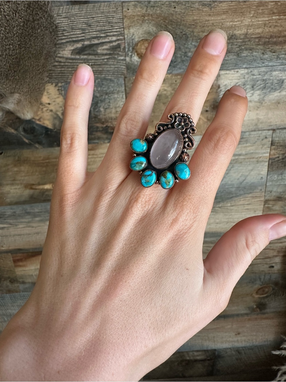 Genuine Kingman Mojave Turquoise and Rose Quartz Copper Statement Ring